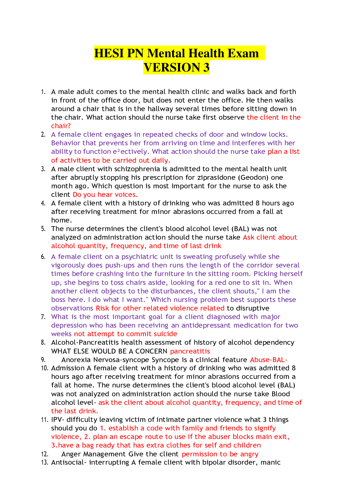 HESI PN Mental Health Exam Version 3 Questions & Answers with Rationale